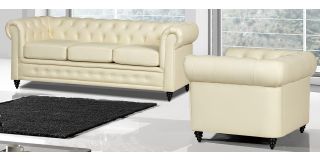 Hilton Cream Bonded Leather 3 + 2 Sofa Set With Wooden Legs With Buttoned Front Panel