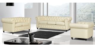 Hilton Cream Bonded Leather 3 + 2 + 1 Sofa Set With Wooden Legs With Buttoned Front Panel
