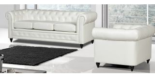 Hilton White Bonded Leather 3 + 2 Sofa Set With Wooden Legs With Buttoned Front Panel