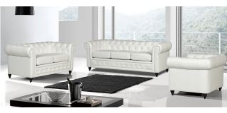 Hilton White Bonded Leather 3 + 2 + 1 Sofa Set With Wooden Legs With Buttoned Front Panel