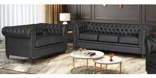 Hilton Black Bonded Leather 3 + 2 Sofa Set With Wooden Legs Without Buttoned Front Panel