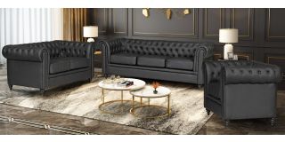 Hilton Black Bonded Leather 3 + 2 + 1 Sofa Set With Wooden Legs Without Buttoned Front Panel