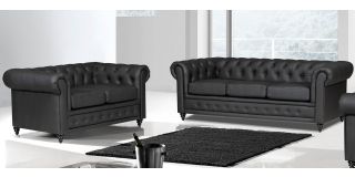 Hilton Black Bonded Leather 3 + 2 Sofa Set With Wooden Legs With Buttoned Front Panel