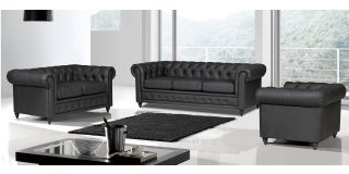 Hilton Black Bonded Leather 3 + 2 + 1 Sofa Set With Wooden Legs With Buttoned Front Panel