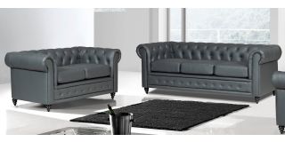 Hilton Grey Bonded Leather 3 + 2 Sofa Set With Wooden Legs With Buttoned Front Panel