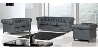 Hilton Grey Bonded Leather 3 + 2 + 1 Sofa Set With Wooden Legs With Buttoned Front Panel