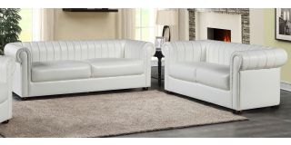 Iyo Chesterfield White Bonded Leather 3 + 2 Sofa Set With Wooden Legs