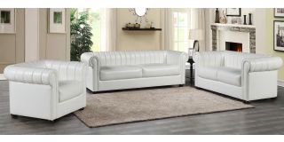 Iyo Chesterfield White Bonded Leather 3 + 2 + 1 Sofa Set With Wooden Legs