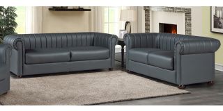 Iyo Chesterfield Grey Bonded Leather 3 + 2 Sofa Set With Wooden Legs