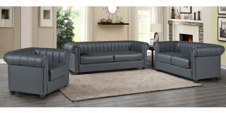 Iyo Chesterfield Grey Bonded Leather 3 + 2 + 1 Sofa Set With Wooden Legs