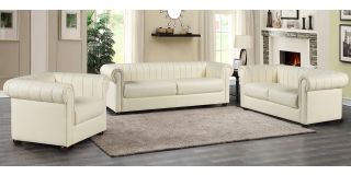 Iyo Chesterfield Cream Bonded Leather 3 + 2 + 1 Sofa Set With Wooden Legs