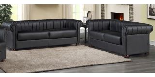 Iyo Chesterfield Black Bonded Leather 3 + 2 Sofa Set With Wooden Legs