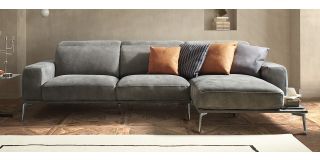 Villeneuve Grey Electric Suede Chaise With Wooden Shelf And Chrome Legs Newtrend Available In A Range Of Leathers And Colours 10 Yr Frame 10 Yr Pocket Sprung 5 Yr Foam Warranty