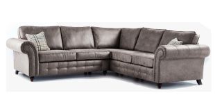 Oakland Grey Large 2C2 Fabric Corner Sofa With Studded Round Arms And Wooden Legs