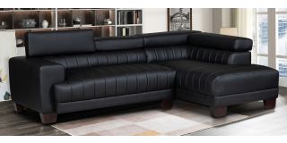 Milano Black RHF Bonded Leather Corner Sofa With Adjustable Headrests And Wooden Legs