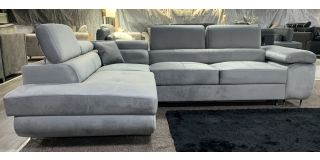 Nevada Grey LHF Velour Fabric Corner Sofabed With Ottoman Storage And Adjustable Headrests And Chrome Legs