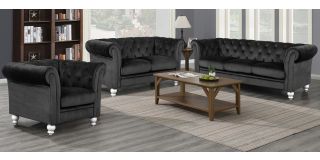 Lya Chesterfield Black Fabric 3 + 2 + 1 Sofa Set Plush Velvet With Wooden Legs