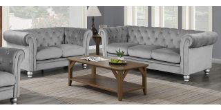 Lya Chesterfield Grey Fabric 3 + 2 Sofa Set Plush Velvet With Wooden Legs