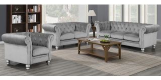 Lya Chesterfield Grey Fabric 3 + 2 + 1 Sofa Set Plush Velvet With Wooden Legs