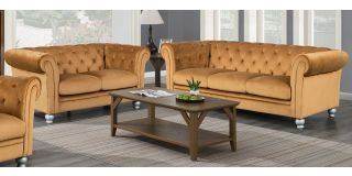 Lya Chesterfield Coffee Fabric 3 + 2 Sofa Set Plush Velvet With Wooden Legs