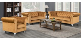 Lya Chesterfield Coffee Fabric 3 + 2 + 1 Sofa Set Plush Velvet With Wooden Legs