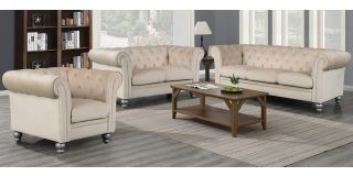 Lya Chesterfield Cream Fabric 3 + 2 + 1 Sofa Set Plush Velvet With Wooden Legs