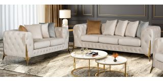 Matrix White Fabric 3 + 2 Sofa Set Plush Velvet With Chrome Legs