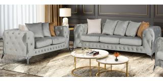 Matrix Grey Fabric 3 + 2 Sofa Set Plush Velvet With Chrome Legs