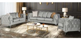 Matrix Grey Fabric 3 + 2 + 1 Sofa Set Plush Velvet With Chrome Legs