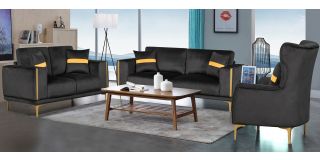 Mane Black Fabric 3 + 2 + 1 Sofa Set Plush Velvet With Chrome Legs