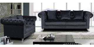 Mia Black Plush Velvet 3 + 2 Sofa Set With Studded Arms And Chrome Legs