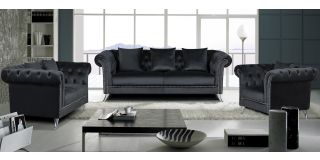 Mia Black Plush Velvet 3 + 2 + 1 Sofa Set With Studded Arms And Chrome Legs