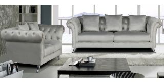 Mia Grey Plush Velvet 3 + 2 Sofa Set With Studded Arms And Chrome Legs