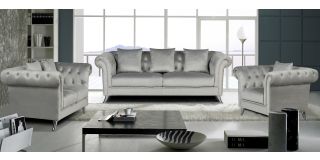 Mia Grey Plush Velvet 3 + 2 + 1 Sofa Set With Studded Arms And Chrome Legs
