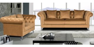 Mia Coffee Plush Velvet 3 + 2 Sofa Set With Studded Arms And Chrome Legs