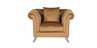 Mia Coffee Fabric Armchair With Studded Arms And Chrome Legs