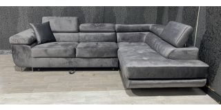 Nevada Grey RHF Velour Fabric Corner Sofabed With Ottoman Storage And Adjustable Headrests And Chrome Legs