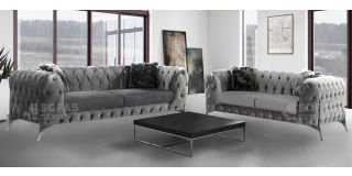 New Sandringham 3+2 Chesterfield Silver Soft Velvet Sofa Set With Chrome Legs
