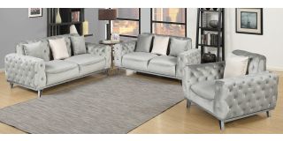 Nexa Grey Fabric 3 + 2 + 1 Sofa Set Plush Velvet With Chrome Legs