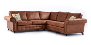 Oakland Tan Large 2C2 Fabric Corner Sofa With Studded Round Arms And Wooden Legs
