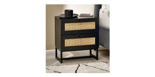 Padstow 2 Drawer Bedside - Black - Rattan - Melamine