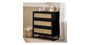 Padstow 3 Drawer Chest - Black - Rattan - Melamine