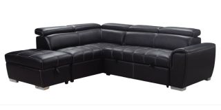 Adria LHF Black Leatheraire Corner Sofa Bed With Ottoman Storage And Contrasting Stitching And Adjustable Headrests
