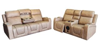 Relax 3 + 2 Beige Endurance Fabric Electric Recliner Media Sofas With Speakers USB Drinks Holders And Reading Light
