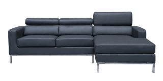 Cuno Grey RHF Bonded Leather Corner Sofa With Adjustable Headrests And Chrome Legs