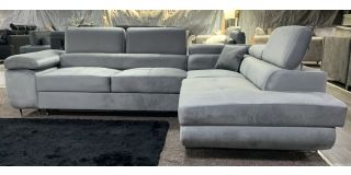 Nevada Grey RHF Velour Fabric Corner Sofabed With Ottoman Storage And Adjustable Headrests And Chrome Legs