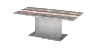 Santiago Coffee Table Natural Tones Travertine Marble Finish Top with Brushed Stainless Steel Base