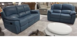 Serena Blue Reclining 3 + 2 Seater Leather Sofa Set - Also Available In Pearl Grey And Black