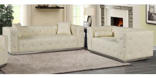 Shawn Cream Bonded Leather 3 + 2 Sofa Set With Chrome Base