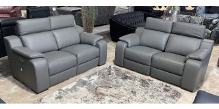 Mia Grey Leather Newtrend Electric 2 Seater Recliner + 2 Seater Static With Adjustable Headrests And Wooden Legs USB